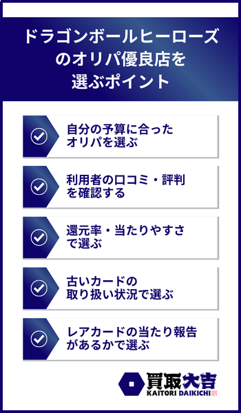 ドラゴンボールヒーローズのオリパ優良店を選ぶポイント